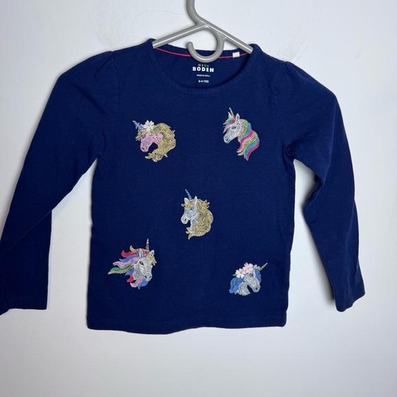 Mini Boden Girls Super Stitch‎ Unicorn Long Puff Sleeve T-Shirt Navy 5-6 Years - Picture 2 of 6